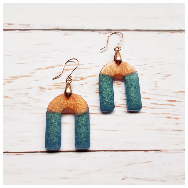 Peach Gold and Teal Blue Shimmering Two-Tone Color Block Geometric Resin Dangle Earrings