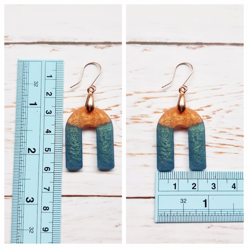 Peach Gold and Teal Blue Shimmering Two-Tone Color Block Geometric Resin Dangle Earrings