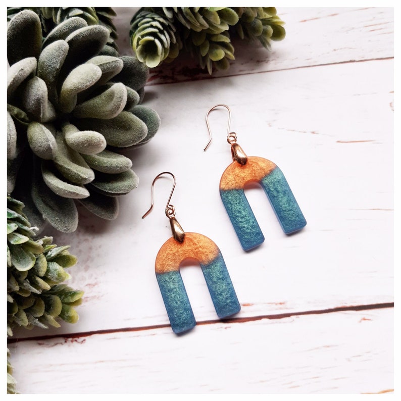 Peach Gold and Teal Blue Shimmering Two-Tone Color Block Geometric Resin Dangle Earrings