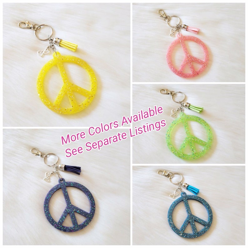 Sparkly Yellow Peace Sign Keychain: Glitter Resin Charm, Tassel Clip - Etsy