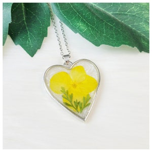 Pressed Yellow Flower Heart Pendant Necklace: Resin Jewelry