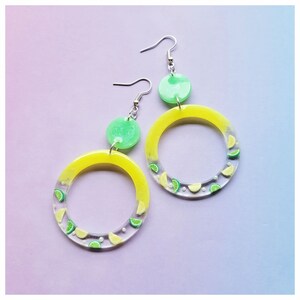 Lemon Lime Soda Yellow and Green Handmade Long Open Circle Resin Statement Earrings