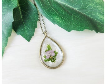Lavender Purple Green and Pearl White Pressed Dried Flower and Leaves Teardrop Brushed Bronzetone Bezel Resin Pendant Necklace