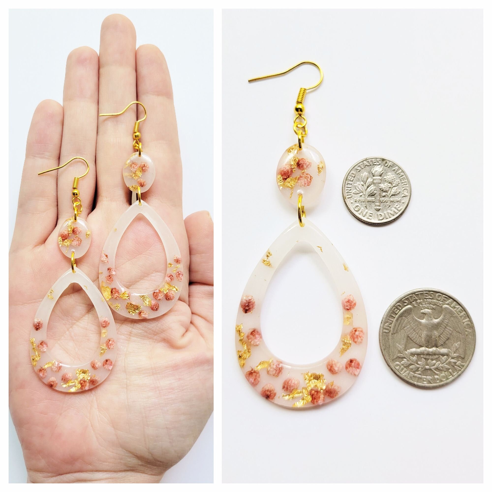 Floral Milk Bath Statement Earrings Gold Foil Flake and Blush Etsy UK
