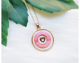 Iridescent Pink and Gold Floating Heart Round Bezel Resin Pendant Necklace