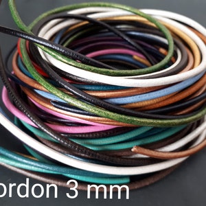 Peut inclure: Gros plan sur un assortiment de cordons en cuir de différentes couleurs, tous de 3 mm de diamètre, enroulés en spirale. Les cordons sont dans différentes nuances de brun, vert, bleu, rose, blanc et noir. Le texte "cordon 3 mm" est visible en bas de l'image.