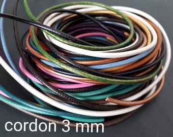 May include: A close-up of a variety of colored leather cords, all 3 mm in diameter, wound together in a coil. The cords are in various shades of brown, green, blue, pink, white, and black. The text "cordon 3 mm" is visible at the bottom of the image.