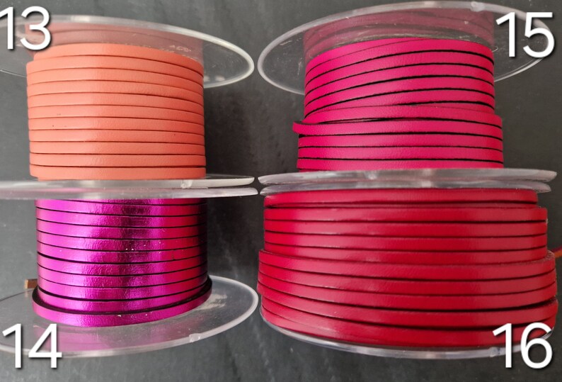 Pu&ograve; includere: Quattro bobine di cordoncino in pelle in vari colori: corallo, rosa acceso, fucsia metallizzato e rosso. Ogni bobina &egrave; numerata. Il cordoncino piatto sembra essere largo circa 3 mm.