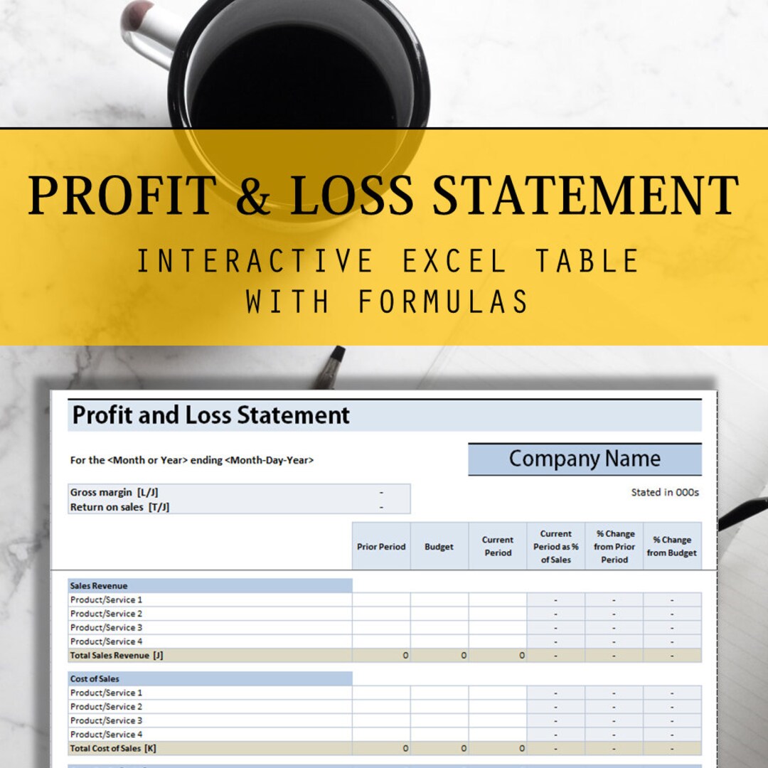 Profit and Loss Statement Excel Table With Interactive Formulas Annual