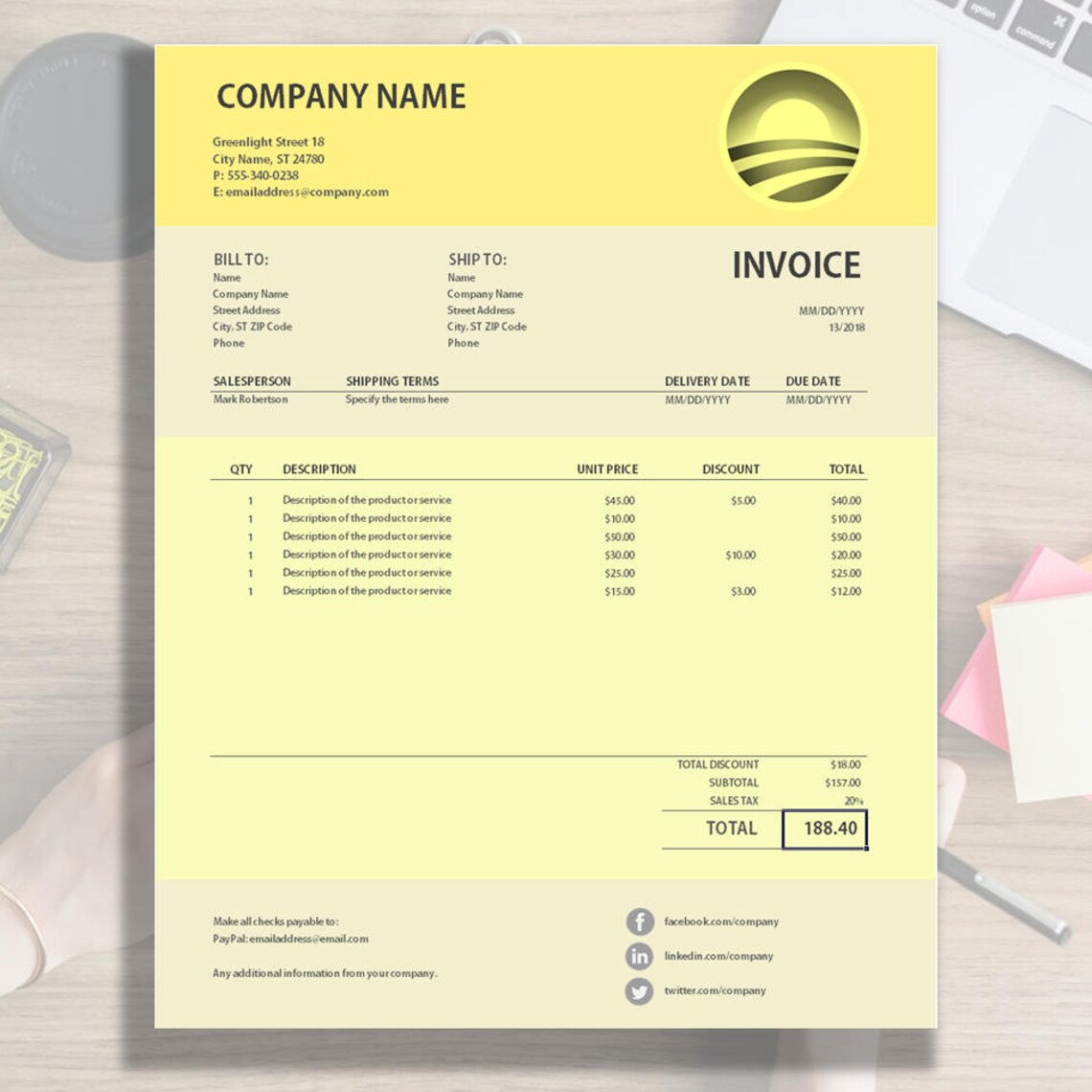 Factuur sjabloon Excel factuur Factuur Design Werkblad met sociale