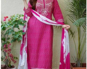 Pant Kurta Dupatta Printed Set Women Salwar Pink Kameez Dress Indian Wear Anarkali Rayon Color Party Cotton Kurti Long Pakistani