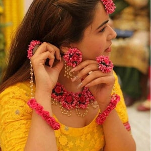 Jewelry Flower Haldi Mehendi Bridal Baby Shower Earrings Ceremony Floral Handmade Jewellry Ceremony/Necklace Wedding Manngteeka Gotta Patti image 4