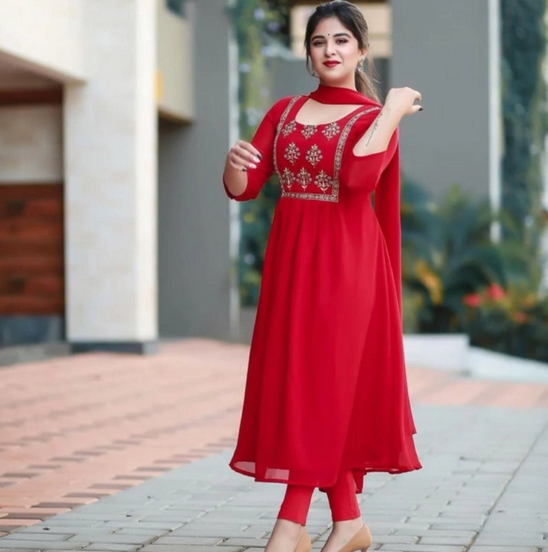 Partywear Red Chinon Plain Kurti Set For Newly Wed Brides - Ethnic Race