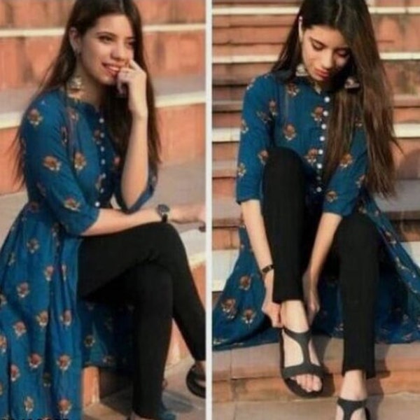 Kurti Kurta Women Indian Slit Blue Front Tunic Cotton Top Color Designer Ethnic A-Line Side Dress Dresses 5-Xl Button Rayon