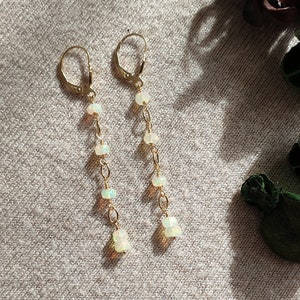 Long opal earrings, 14k gold filled earrings, Ethiopian opal earrings, chain beaded earrings, gold earrings for women