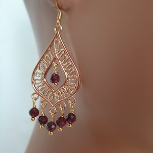 Garnet chandelier earrings, gold earrings