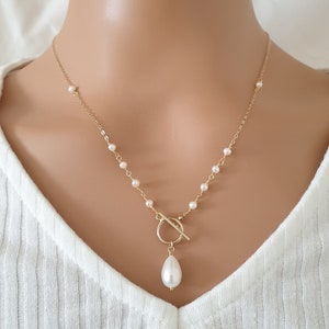 Freshwater pearl necklace, pearl pendant, 14k gold filled chain, toggle with pearl necklace, long necklace for women