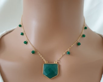 Green onyx gemstone pendant necklace, dainty 14k gold filled chain necklace, vermeil bezel gemstone necklace, necklaces for women