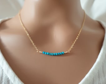 Blue Turquoise gemstone necklace, 14k gold filled chain, bar necklace for women