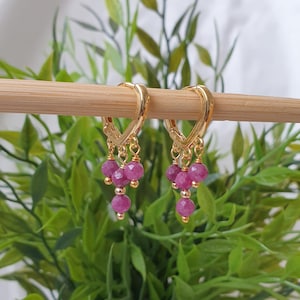 May include: Gold-coloured hoop earrings with a heart-shaped design, featuring clusters of small, round, pink gemstones. The earrings are presented against a backdrop of green foliage and a white background.