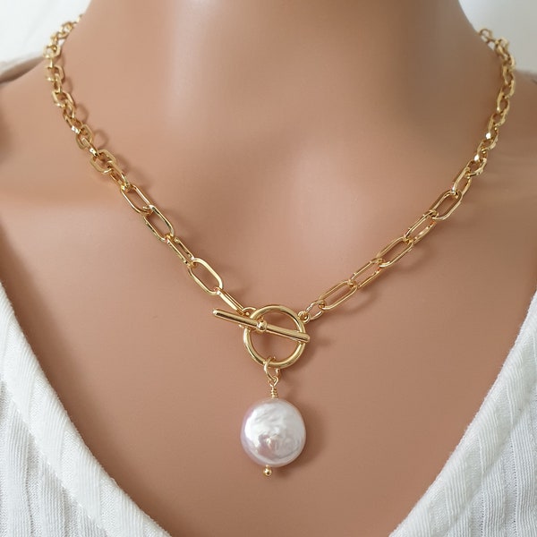 Keshi pearl pendant, paperclip toggle clasp necklace, gold plated chain, long necklace with pearl
