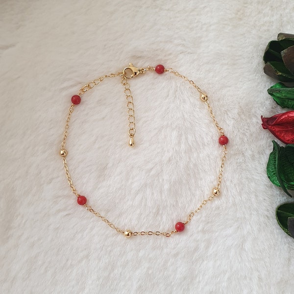 Coral anklet, Coral bracelet, gemstone beaded anklet, gemstone beaded bracelet, gold plated anklet, dainty gold bracelet