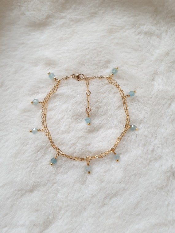 Aquamarine Anklet Aquamarine Bracelet Double Chain Ankle Bracelet 14k Gold Filled Chain Paperclip Bracelet Dangle Anklet Anklets Etsy