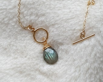 Labradorite toggle clasp necklace, 14k gold filled chain, gemstone pendant necklace, dainty necklace for women, teardrop necklace