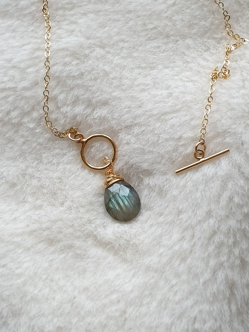 Labradorite toggle clasp necklace, 14k gold filled chain, gemstone pendant necklace, dainty necklace for women, teardrop necklace image 1