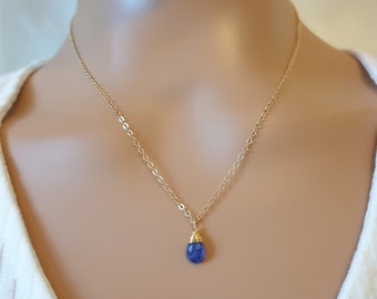 Sapphire necklace, Sapphire pendant, 14k gold filled chain, teardrop gemstone necklace, dainty necklace for women