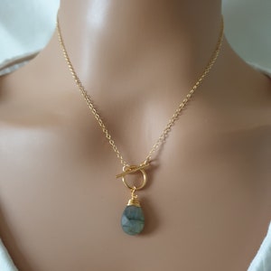 Labradorite toggle clasp necklace, 14k gold filled chain, gemstone pendant necklace, dainty necklace for women, teardrop necklace image 3