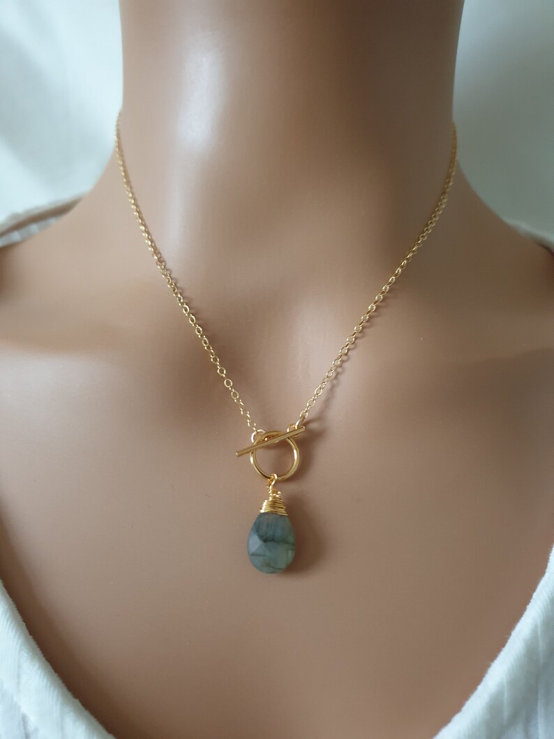 Labradorite toggle clasp necklace, 14k gold filled chain, gemstone pendant necklace, dainty necklace for women, teardrop necklace image 3