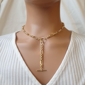 lariathalsband, förgyllt Y-format halsband med kedja, grovt kedjehalsband i mässing, långt dropphalsband för kvinnor