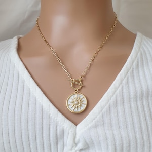 Gold sun with shell pendant, gold plated paperclip chain necklace, toggle clasp necklace, t bar necklace with pendant, necklaces for women
