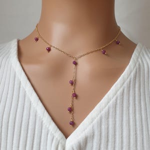Lariat Ruby necklace, y shape Ruby necklace, gemstone gold plated long pendant necklace, crystal necklace gift for her