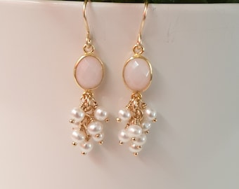 Cluster Pink opal earrings, freshwater pearls earrings, 14k gold filled earrings, gemstone dangle earrings, earrings for women