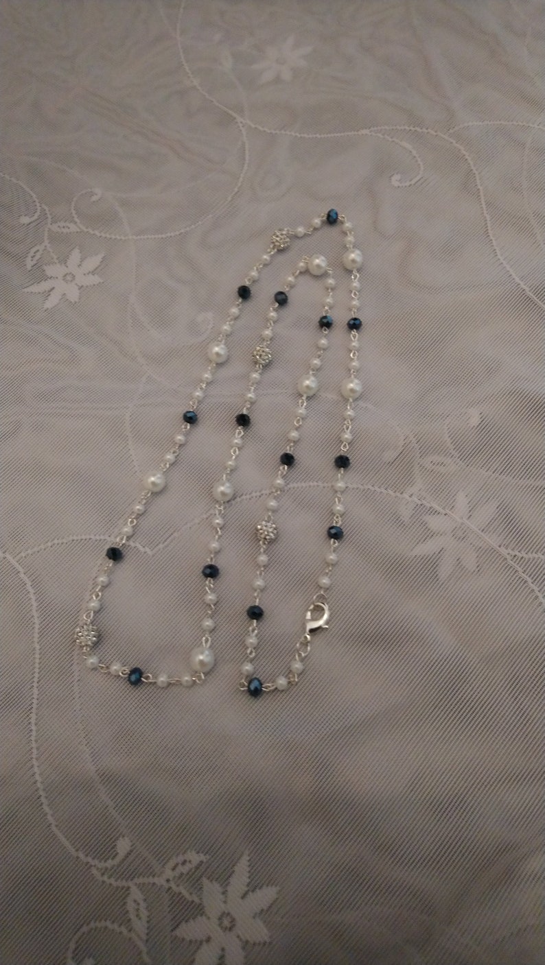 pearl and crystal necklace silver plated necklace white and navy necklace beaded necklace Necklaces for women necklace for women