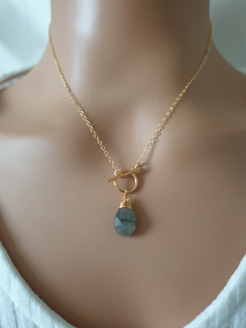 Labradorite toggle clasp necklace, 14k gold filled chain, gemstone pendant necklace, dainty necklace for women, teardrop necklace image 7
