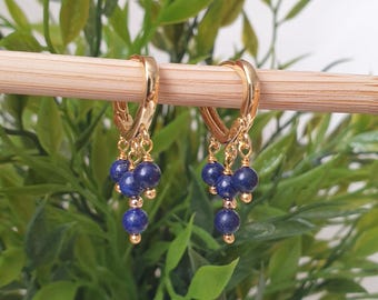 May include: Gold hoop earrings with a dangling cluster of blue lapis lazuli beads.