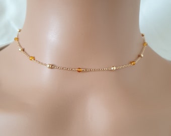 Gargantilla de citrino, collar de piedras preciosas, collar de cuentas de oro para mujer, citrino naranja, collar delicado