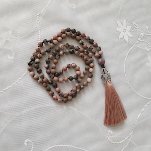 Collar de mala, mala 108, collares largos de cuentas para mujeres, collar de borlas, collar de piedras preciosas de rodonita, meditación