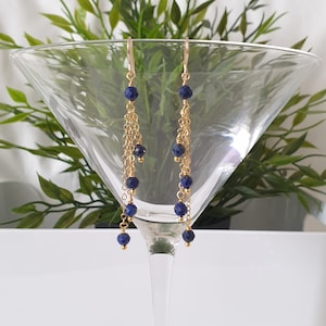 Lapis lazuli earrings, 14k gold filled earrings, navy blue earrings, long dangle gemstone earrings, cluster earrings for women