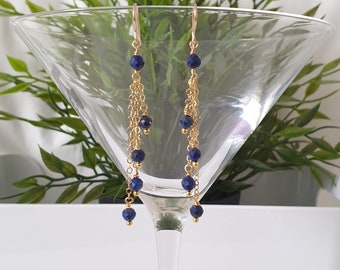 Lapis lazuli earrings, 14k gold filled earrings, navy blue earrings, long dangle gemstone earrings, cluster earrings for women
