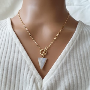 Moonstone pendant, toggle clasp necklace, paperclip gold plated chain, gemstone pendant, teardrop pendant for women