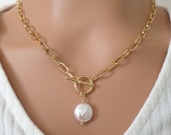 Keshi pearl pendant, paperclip toggle clasp necklace, gold plated chain, long necklace with pearl, handmade jewllery