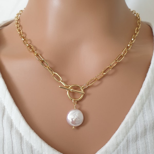 Keshi pearl pendant, paperclip toggle clasp necklace, gold plated chain, long necklace with pearl, handmade jewllery
