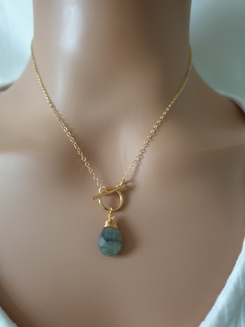 Labradorite toggle clasp necklace, 14k gold filled chain, gemstone pendant necklace, dainty necklace for women, teardrop necklace image 9