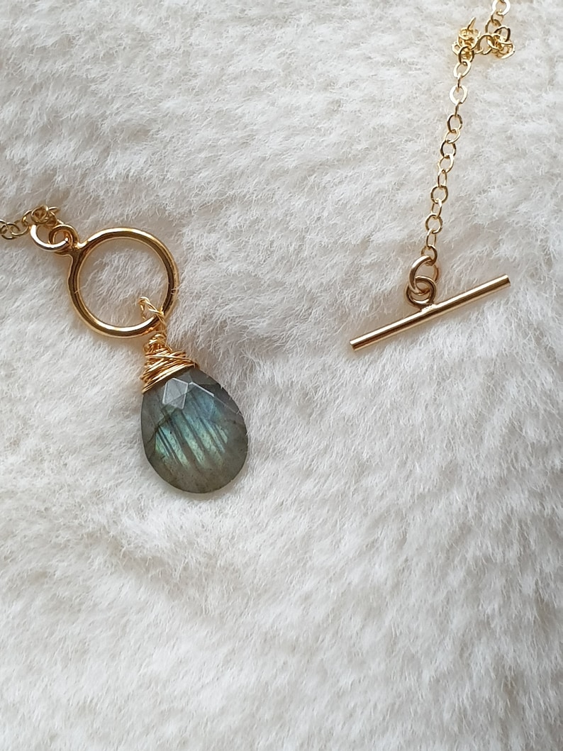 Labradorite toggle clasp necklace, 14k gold filled chain, gemstone pendant necklace, dainty necklace for women, teardrop necklace image 2