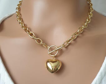 Heart pendant, chunky chain toggle clasp necklace, gold plated necklace for women, gift necklace