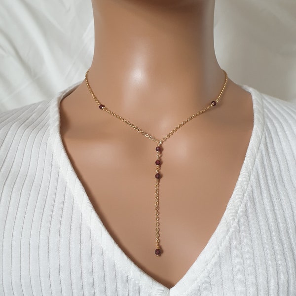 Garnet lariat necklace, gemstone Y shaped necklace, gold plated beaded chain, necklace for women